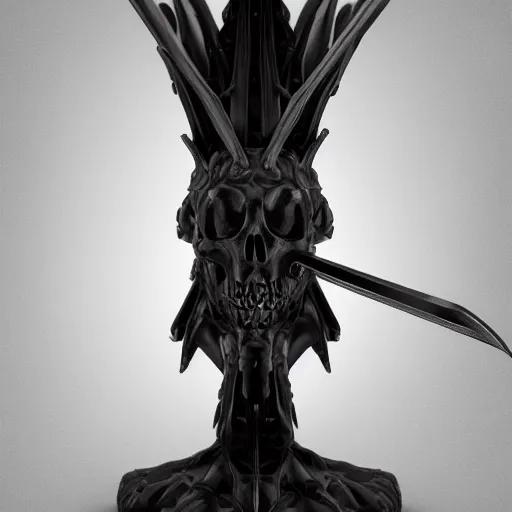 Image similar to a black sword skull handle, ornament, weapon, a 3 d render by dom qwek, studio lighting, front side view, trending on polycount, hard surface modeling, rendered in maya, 3 ds max, blender, artstation hd, vray