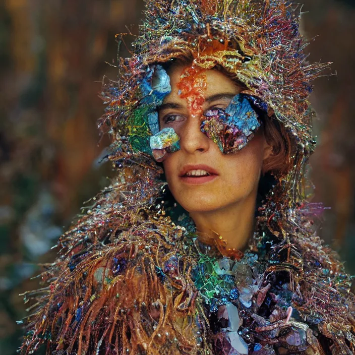 Image similar to closeup portrait of a woman wearing a cloak made of colorful geode crystals and wire, standing in a burnt forest, by Annie Leibovitz and Steve McCurry, natural light, detailed face, CANON Eos C300, ƒ1.8, 35mm, 8K, medium-format print