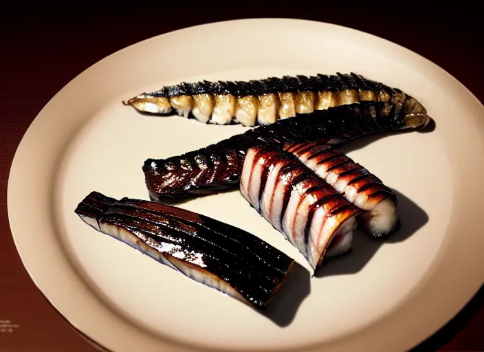 Prompt: a film still portrait of a plate with unagi grilled eel, finely detailed features, closeup at the food, perfect art, at a dinner table, gapmoe yandere grimdark, trending on pixiv fanbox, painted by greg rutkowski makoto shinkai takashi takeuchi studio ghibli, akihiko yoshida