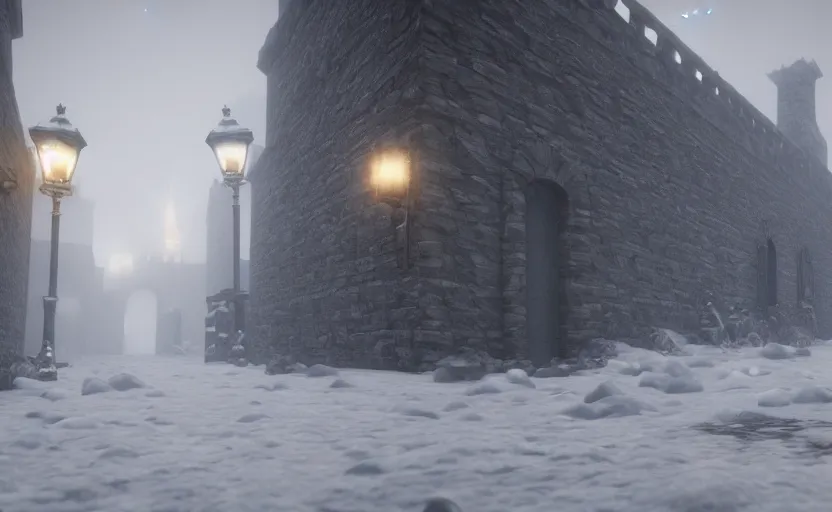 Prompt: the high city wall in the snowstorm, doomy, Unreal Engine, cinematic photography, highly-detailed, games of thrones, HBO, high resolution, 8k, photorealistic, stunning volumetric lighting