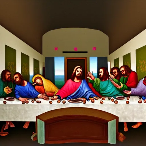 Image similar to The Last Supper painting in the style of GTA V cover art, award winning, award winning shading, hyperdetailed, trending on artstation