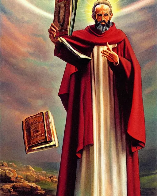Prompt: portrait of ful length saint nicholas, showing him with a halo, dressed in clerical garb, and holding a book of the scriptures in his left hand while making the hand gesture for the sign of the cross with his right, by peter andrew jones!!!!, hd, hyper detailed, 4 k
