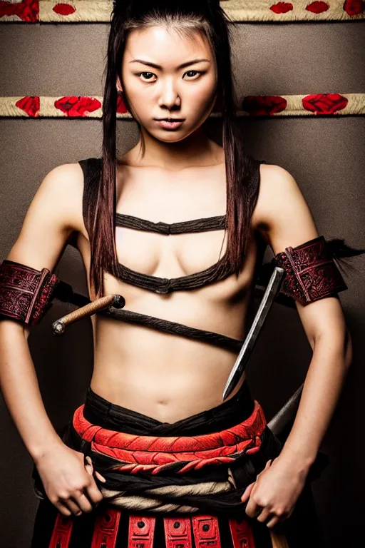 Image similar to full body portrait, thin but strong viking samurai woman, open shirt, 6 pack, symmetrical beautiful face, relaxed pose