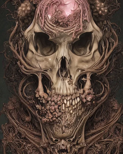 Image similar to a beautiful detailed front view of a dead rotten skull with ornate growing around, ornamentation, baroque architecture, elegant, beautifully soft lit, by wayne barlowe, peter mohrbacher, kelly mckernan