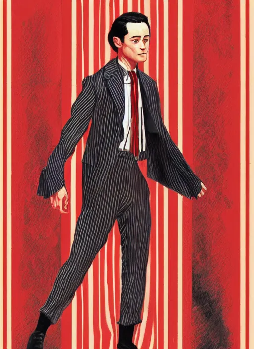 Prompt: joseph gordon - levitt wearing a 1 9 2 0 s red striped outfit, from scene from twin peaks by michael whelan, tomer hanuka, rossetti bouguereau, artgerm, retro, nostalgic, old fashioned