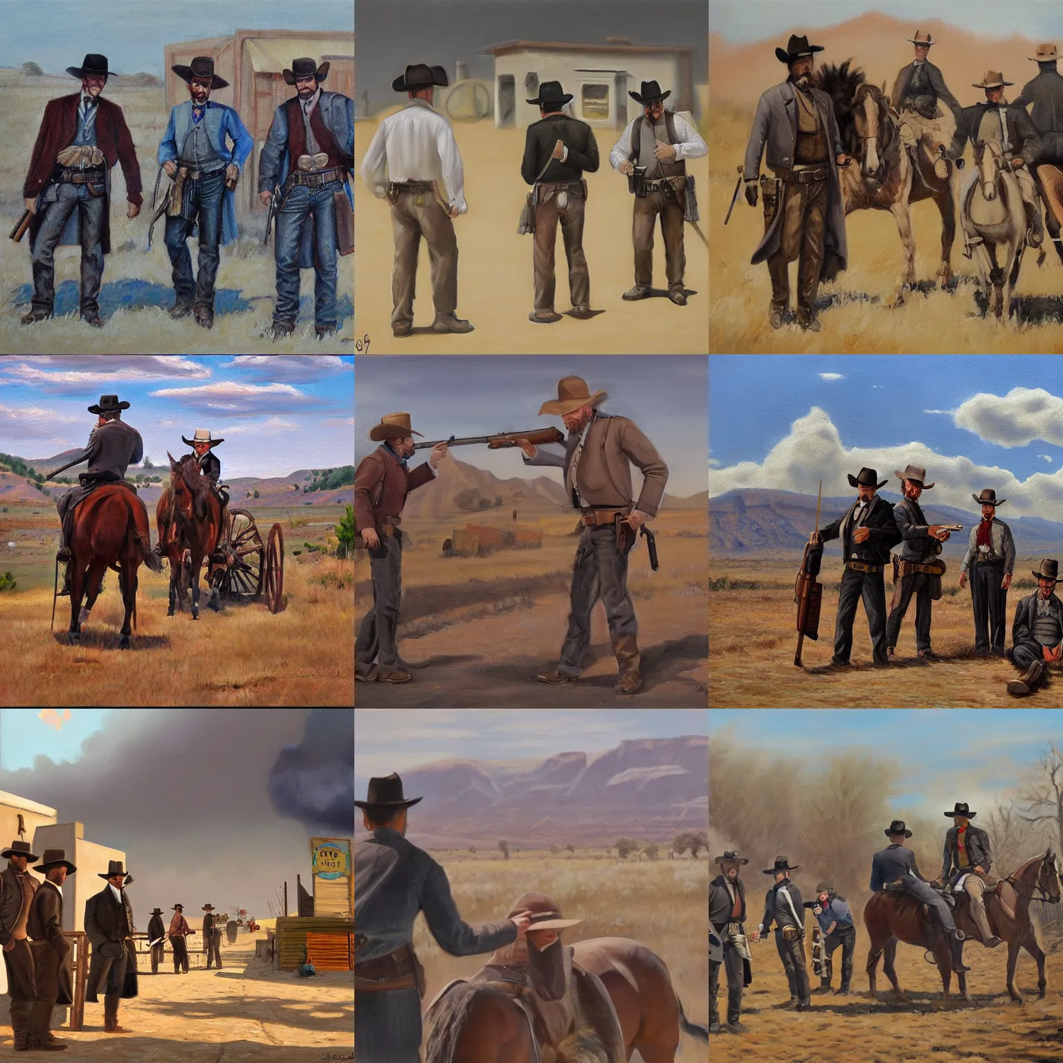 Prompt: a realism style painting of an old west shootout