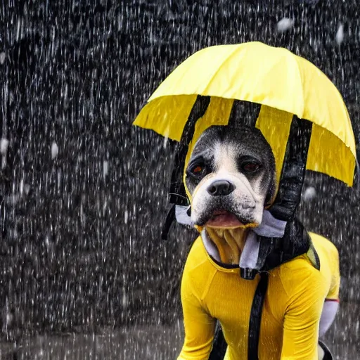 Prompt: a dog with a yellow hat riding a bike while raining