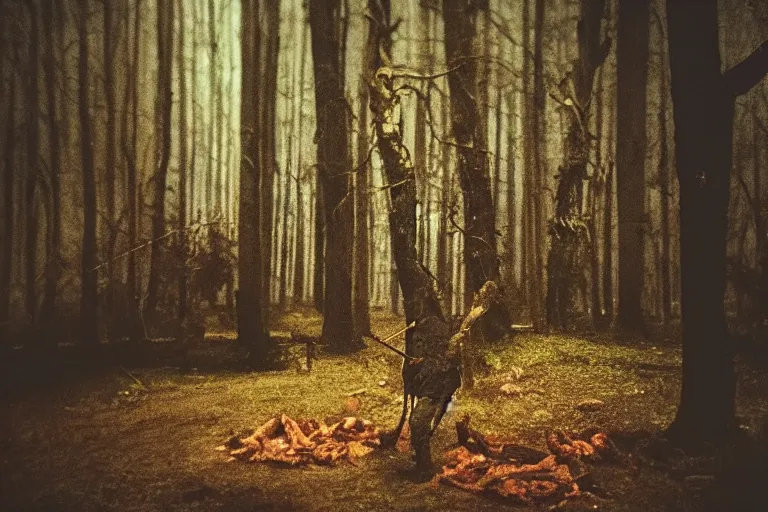 Prompt: terrible dark forest in the depths of which there is a large butcher chopping meat on a wooden stump from Dota 2 filmed hidden on a phone camera, Cinematic, wildlife photography, 35mm, photo on iphone