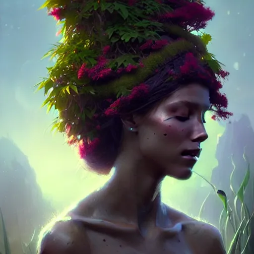 Image similar to a beautiful portrait of a plant goddess with closed eyes by Greg Rutkowski and Raymond Swanland, Trending on Artstation, ultra realistic digital art