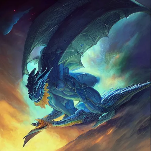 Image similar to Gigantic blue scaled dragon devouring an earth like planet while flying in space, Ancalagon, sun system, nebula, oil painting, by Fernanda Suarez and Edgar Maxence and Greg Rutkowski