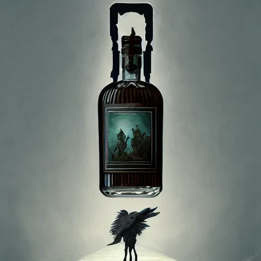 Image similar to A bottle of gin filled with tiny creatures, fullbody, artstation, fantasy, concept art, dark, moonlight, incredible, smooth, sharp focus, illustration, art by greg rutkowski and orientalism and bouguereau and Zdzislaw Beksinski, good clear quality, lighting, biology, symmetrical artwork, perfect face, 135 mm, cinematic, hyper realism, high detail, octane render, 8k, chrome accents