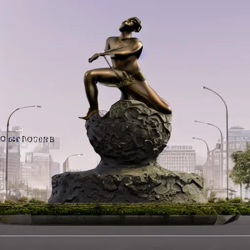 Prompt: photorealistic rendering of a bronze sculpture in a roundabout
