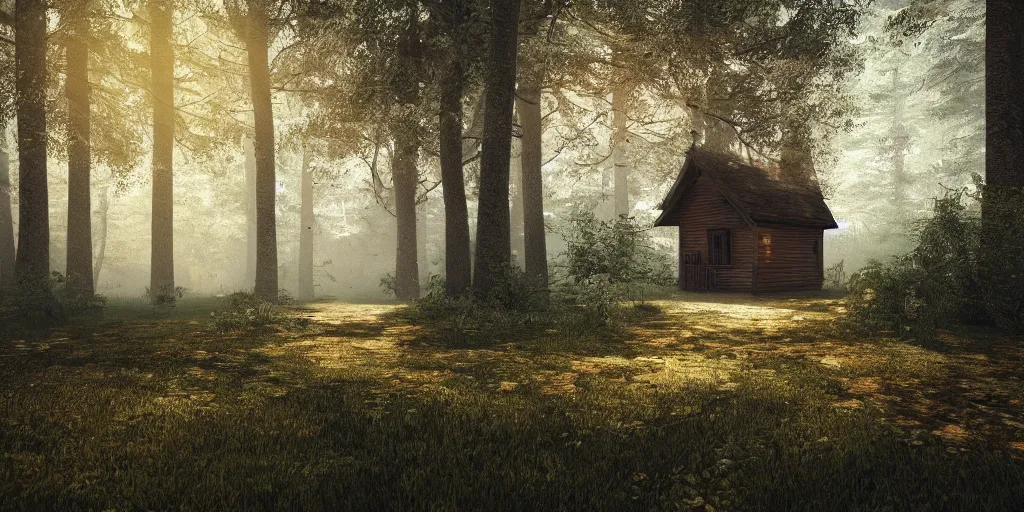 Image similar to a cottage in the woods and empty woods, 8k, fantasy, hyper realistic, dramatic lighting, cinematic