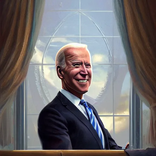 Image similar to joe biden, super highly detailed, professional digital painting, concept art, smooth, sharp focus, no blur, no dof, extreme illustration, unreal engine 5, photorealism, hd quality, 8 k resolution, cinema 4 d, 3 d, beautiful, cinematic, art by artgerm and greg rutkowski and alphonse mucha