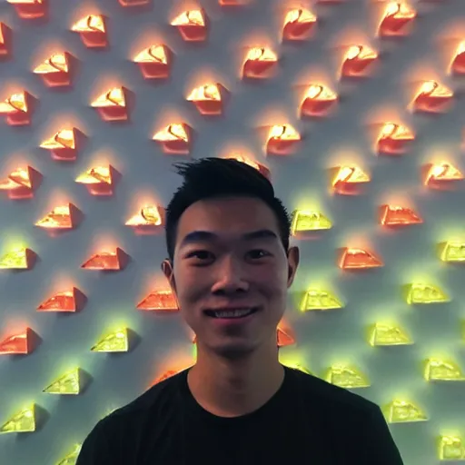 Image similar to a 2 6 year old vietnamese daytrader named jay standing proudly in front of triangular nanoleaf led lights on his wall