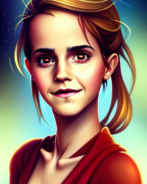 Image similar to a portrait of a beautiful full body Emma Watson smiling, pretty gold and red dress, art by lois van baarle and loish and ross tran and rossdraws and sam yang and samdoesarts and artgerm, digital art, highly detailed, intricate, sharp focus, Trending on Artstation HQ, deviantart, unreal engine 5, 4K UHD image