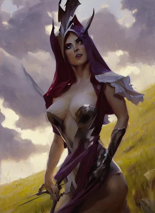 Image similar to Greg Manchess painting of Syndra from League of Legends, countryside, calm, fantasy character portrait, dynamic pose, above view, sunny day, thunder clouds in the sky, artwork by Jeremy Lipkin and Giuseppe Dangelico Pino and Michael Garmash and Rob Rey, very coherent asymmetrical artwork, sharp edges, perfect face, simple form, 100mm