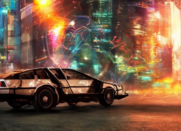 Image similar to a cyberpunk delorean breaking the space - time continuum, energy and time particles, dramatic framing, movie footage, 8 k