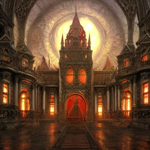 Image similar to Photorealistic demonic palace in the style of Michael Whelan and Gustave Dore. Hyperdetailed photorealism, 108 megapixels, amazing depth, glowing rich colors, powerful imagery, psychedelic Overtones, 3D finalrender, 3d shading, cinematic lighting, artstation concept art