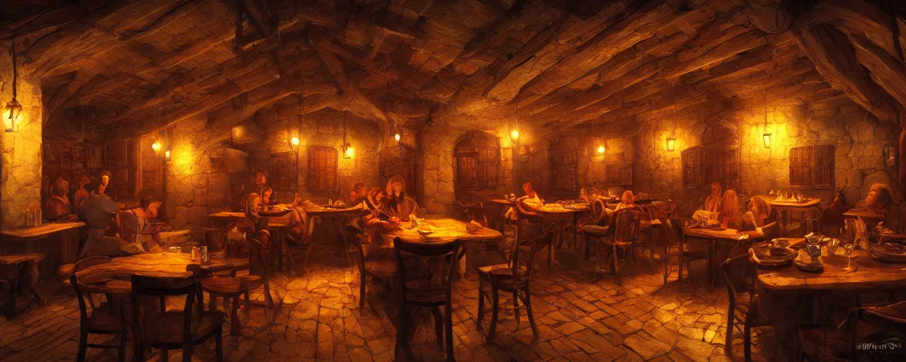 Image similar to Medieval tavern interior cozy in the style of michael whelan, warm colors, firelight, 4:3 aspect ratio, hyper realistic, fantasy art, artstation