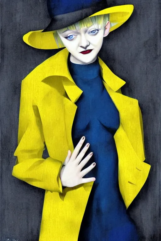 Image similar to Dakota Fanning with short blue hair wearing a yellow trenchcoat by Dave McKean