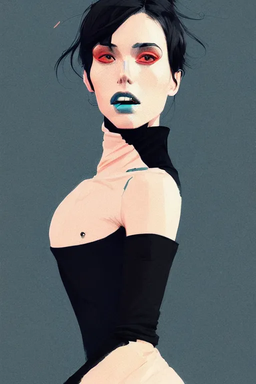 Image similar to a ultradetailed half body painting of a stylish woman in a black turtleneck by conrad roset, greg rutkowski and makoto shinkai trending on artstation