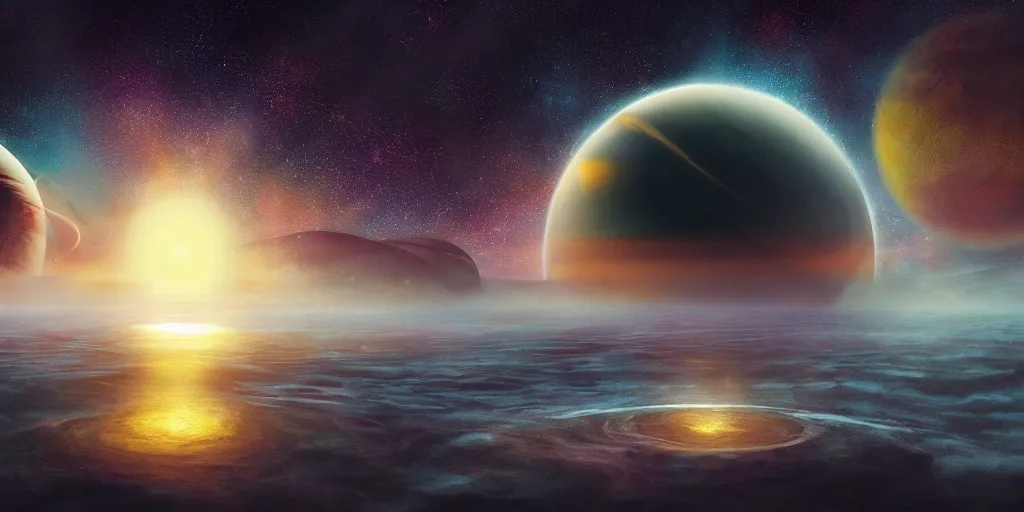 Image similar to a detailed matte painting of a marble - like water planet with continents orbiting a yellow sun in a sea of stars surrounded by colorful swirling gas clouds, by petros afshar, jessica rossier and alena aenami, trending on artstation, deviantart, planet, clouds, earth, exoplanet, stars, nubulae hubble, 8 k, 4 k