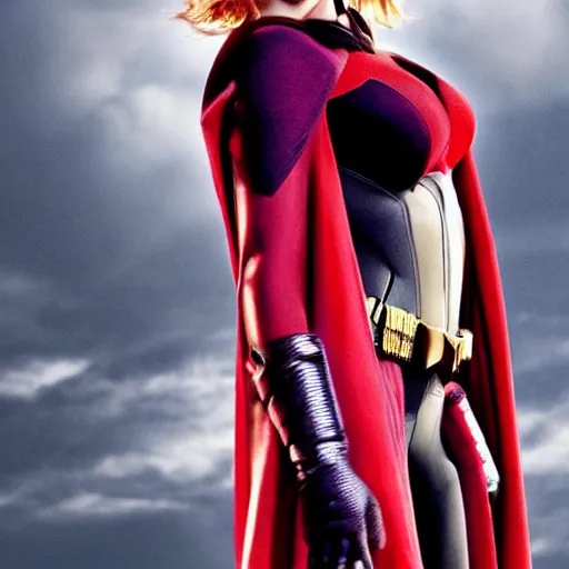 Image similar to scarlett johansson's batman, full pose, with cape, cape, cape, full length body shot, in a serene foreground, in a serene background