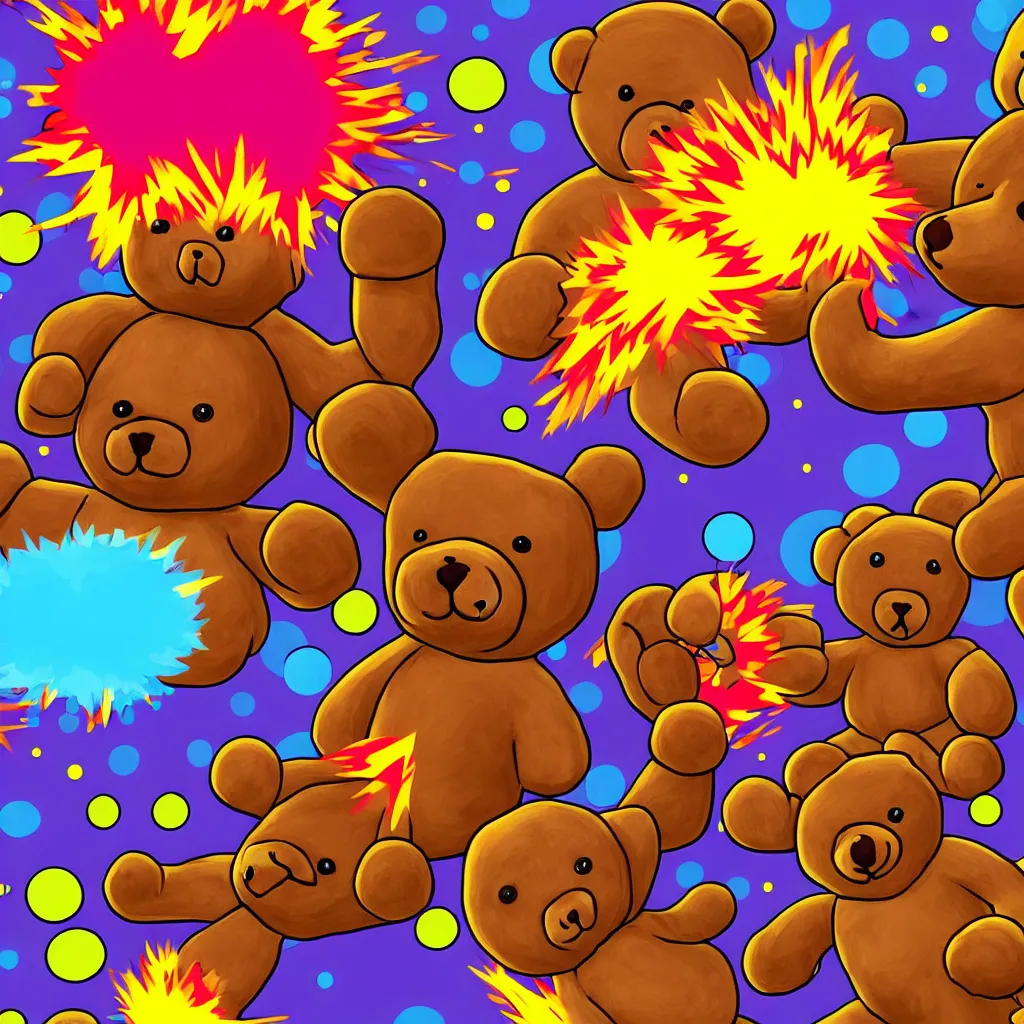 Image similar to a lot of teddy bears fights in epic battle, background a nuclear toxic multi - colored explosion in big town, psychedelic