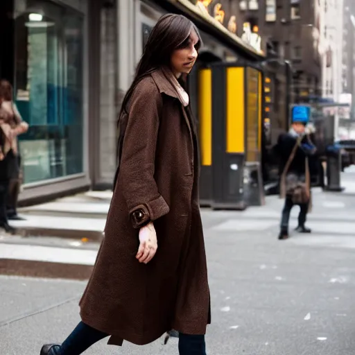 Image similar to portrait of a woman wearing dark brown trench coat with dark brown long hair with bangs walking in new york city