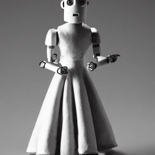 Prompt: robot bride suffering from insomnia, folk horror