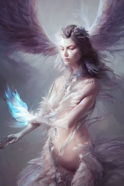 Image similar to beautiful model wearing crystal white feathers, diamonds, angel, fantasy, dramatic lighting, highly detailed, digital painting, holding electricity, magic the gathering, hyper detailed, 3 d render, hyper realistic detailed portrait, peter mohrbacher, wlop, ruan jia
