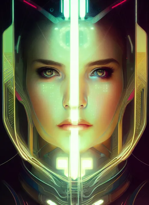 Prompt: symmetry portrait of lana parilla, sci - fi, tech wear, glowing lights intricate, elegant, highly detailed, digital painting, artstation, concept art, smooth, sharp focus, illustration, art by artgerm and greg rutkowski and alphonse mucha