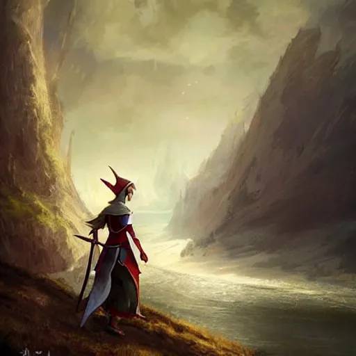 Prompt: an elf with a magic bow looking at horizon, epic setting, symmetric face, hyperrealism, epic fantasy digital art, fantasy style art, by Greg Rutkowski, fantasy magic the gathering card art style