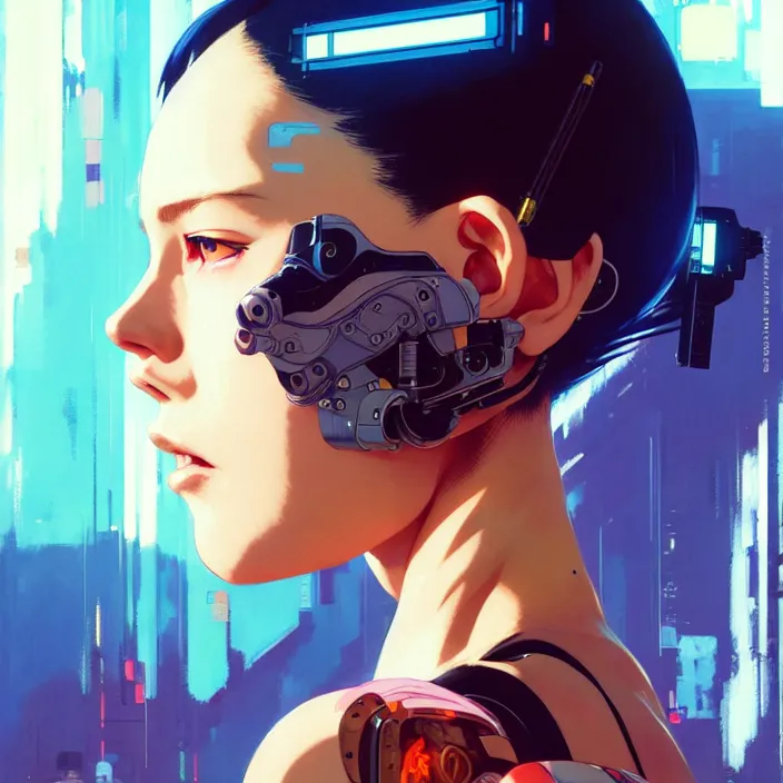 Image similar to side portrait of cyborg girl | | audrey plaza, fine detail!! anime!! realistic shaded lighting!! poster by ilya kuvshinov katsuhiro otomo ghost - in - the - shell, magali villeneuve, artgerm, jeremy lipkin and michael garmash and rob rey