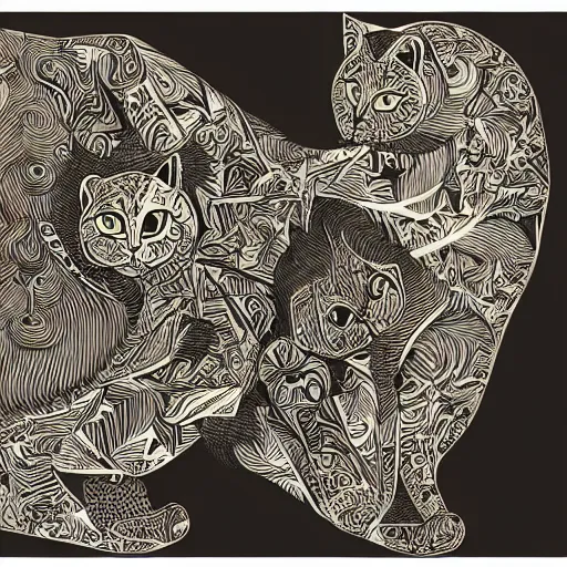 Image similar to A highly stylized conceptual art 4k shaded, finely detailed, matte illustration with intricate patterns of two abstract expressionist cats , their bodies intertwined together in the style of Kandinksy