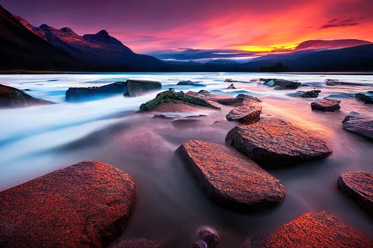 Image similar to landscape photography by marc adamus, waves in the shore, sunset, lake