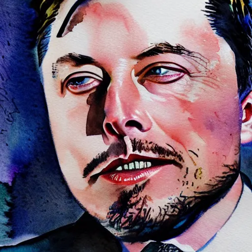 Image similar to highly detailed watercolor painting of Elon Musk, trending on artstation,