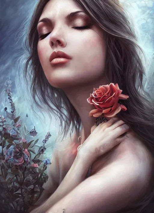 Image similar to a beautiful woman with closed eyes and tattoos, 8 k, sensual, hyperrealistic, hyperdetailed, beautiful face, long hair windy, dark fantasy, fantasy portrait by laura sava