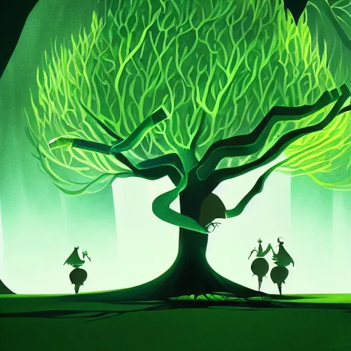 Image similar to a tree of the magical world, green tones, animated film, stylised, illustration,, fantasy art, 2 d game art, by eyvind earle, scott wills, genndy tartakovski, roman shipunov, etienne hebinger, atey ghailan, cgsociety, cynical realism