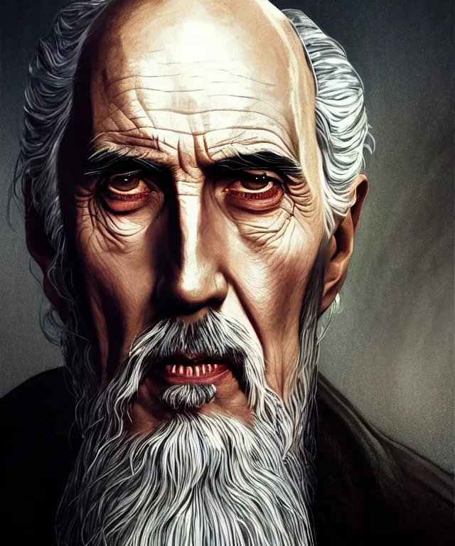 Image similar to portrait christopher lee as saruman as walter white with a bandaid across his nose, caricature, headshot, highly detailed, digital painting, artstation, concept art, sharp focus, cinematic lighting, illustration, art by met mangindaan, artgerm and greg rutkowski, alphonse mucha, cgsociety