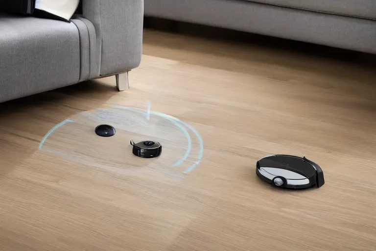 Image similar to a high detailed picture of a robot vacuum cleaner in a living room, 8k, very detailed, photo realistic