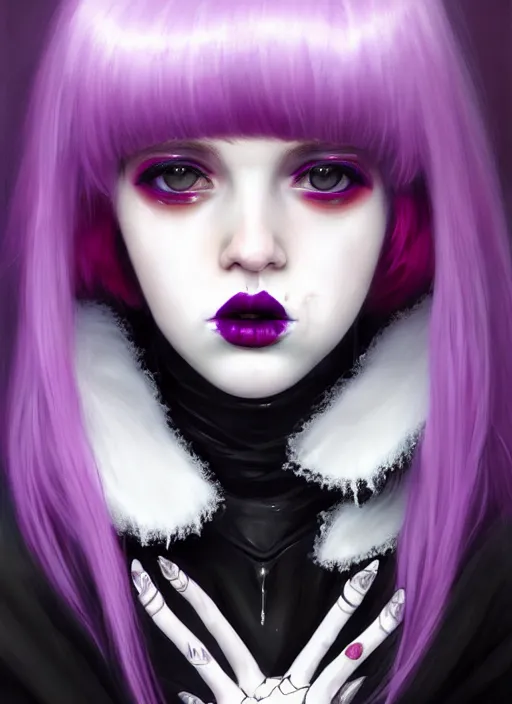 Image similar to portrait of white teenage girl, normal face, white bangs, mall goth, cyberlox, black and white hair, bangs, fluffy bangs, red contact lenses, purple lipstick, intricate, elegant, highly detailed, digital painting, artstation, concept art, sharp focus, smooth, illustration, art by wlop, mars ravelo and greg rutkowski