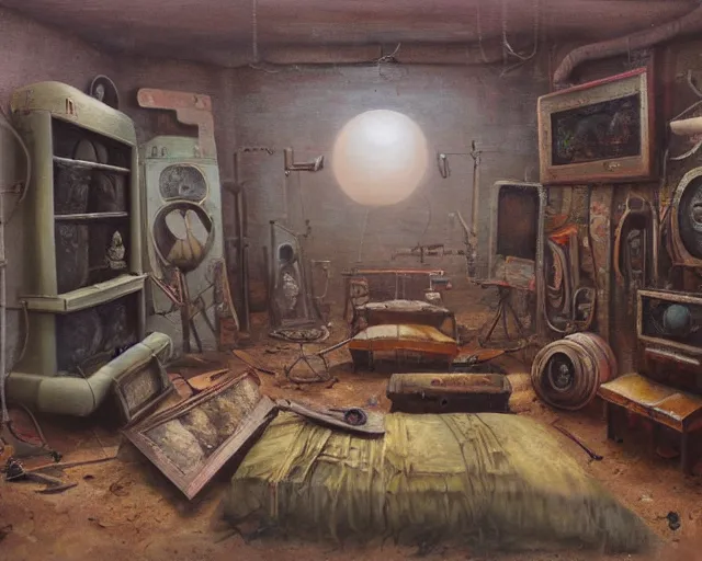 Image similar to a painting of a confusing room filled with unusual artifacts, an airbrush painting by breyten breytenbach, cgsociety!, neo - primitivism, dystopian art,! apocalypse landscape!!