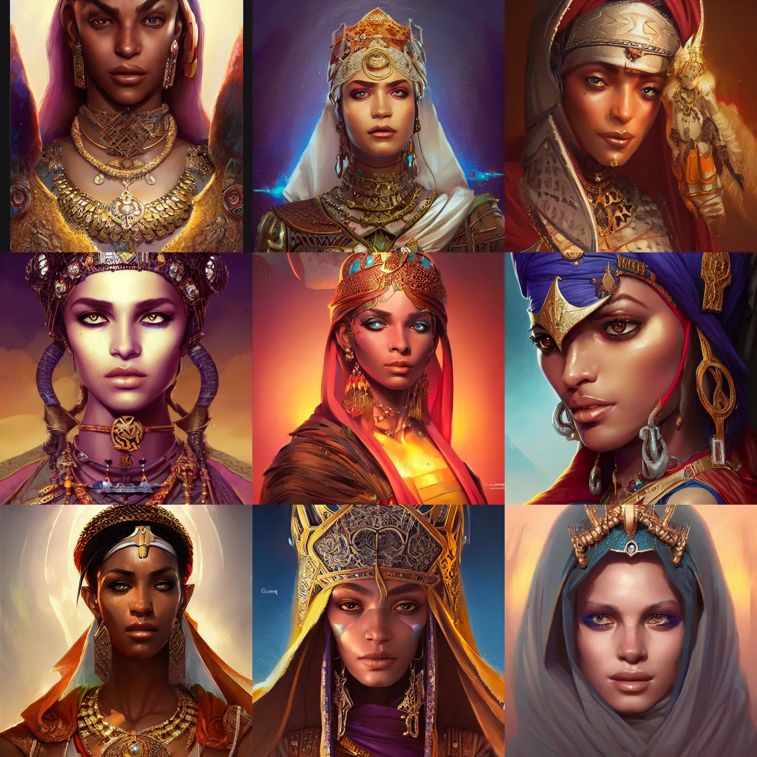 Image similar to saharan empress, D&D, fantasy, portrait, highly detailed, digital painting, trending on artstation, concept art, sharp focus, illustration, art by artgerm and greg rutkowski and magali villeneuve