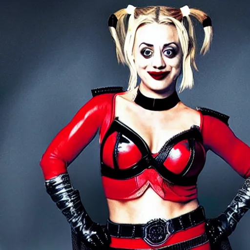 Image similar to A still of Kaley Cuoco as Harley Quinn