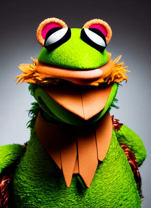 Image similar to studio portrait still of muppet!!!!! loki!!!!!! from avengers infinity war with scepter as a muppet muppet as a muppet, 8 k, studio lighting, key light,