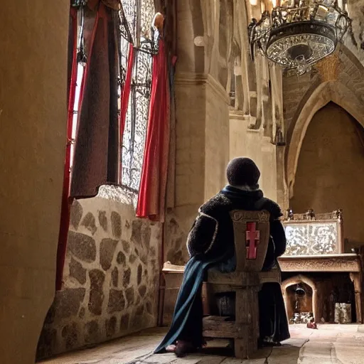 Image similar to medieval king inside castle takes a poop on his throne with people watching