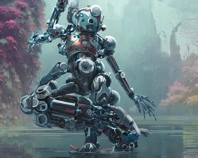 Image similar to symmetry, waterlily mobile combat suit floral robot, biomechanical, waterlily mecha nymphaea, detailed illustration, concept art, smooth, sharp focus, art by john collier, albert aublet, krenz cushart, artem demura, syd mead, beeple, cyril rolando