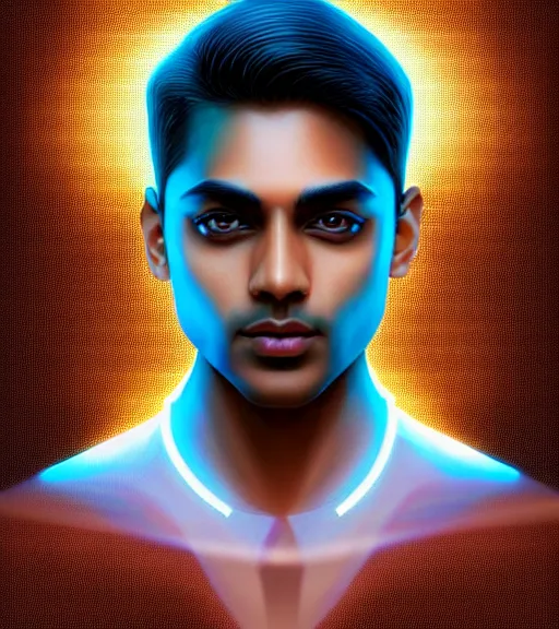 Image similar to symmetry!! indian prince of technology, solid cube of light, hard edges, product render retro - futuristic poster scifi, lasers and neon circuits, brown skin handsome indian prince, intricate, elegant, highly detailed, digital painting, artstation, concept art, smooth, sharp focus, illustration, dreamlike, art by artgerm